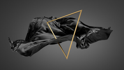Wall Mural - 3d render, abstract dramatic fashion wallpaper. Modern minimal composition with black silk drapery, textile fabric cloth and golden triangular shape, isolated on dark background