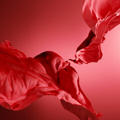 3d render, abstract fashion background with red silk drapery flying