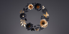3d Render, Abstract Round Wreath Of Golden Paper Flowers And Leaves Isolated On Black Background, Floral Greeting Card Template, Paper Craft, Botanical Wallpaper