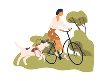 Happy Woman Riding Bicycle With Dog Tied To Bike. Pet Owner Cycling With Doggy Running Nearby. Cyclist Walking With Puppy In Nature. Colored Flat Vector Illustration Isolated On White Background