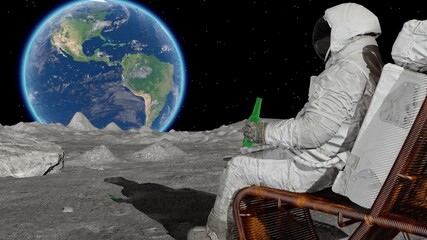 Wall Mural - lunar astronaut drinking beer sitting in easy beach chair on moon surface, enjoying view of earth.