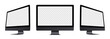 © Neo - Black monitor monoblock computer devices mockup set : front, left-side, right-side views. Realistic perspective mock-up sideways view. Isolated dark grey PC with empty screens. Vector illustration.