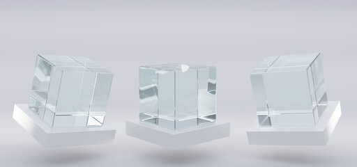 Wall Mural - Glass or plastic cube on white stand in different angle view. Blank clear square showcase, exhibit podium, crystal block. Mockup of 3d acrylic or plexiglass box for display isolated on grey background