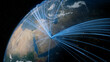 © RocknRoller Studios - Earth in Space. Blue Lines connect Doha, Qatar with Cities across the World. Worldwide Travel or Communication Concept.