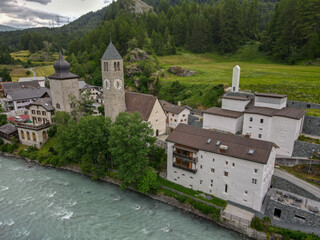 Drone view at the village of Susch in the Swiss alps