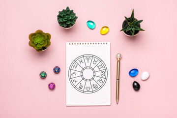 Horoscope circle with twelve signs of zodiac on paper, divination dice, colorful stone on pink background Fortune telling and astrology predictions Top view Flat lay