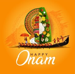 happy onam with kathakali and Kerala boat race, use for poster, leaflet , banner