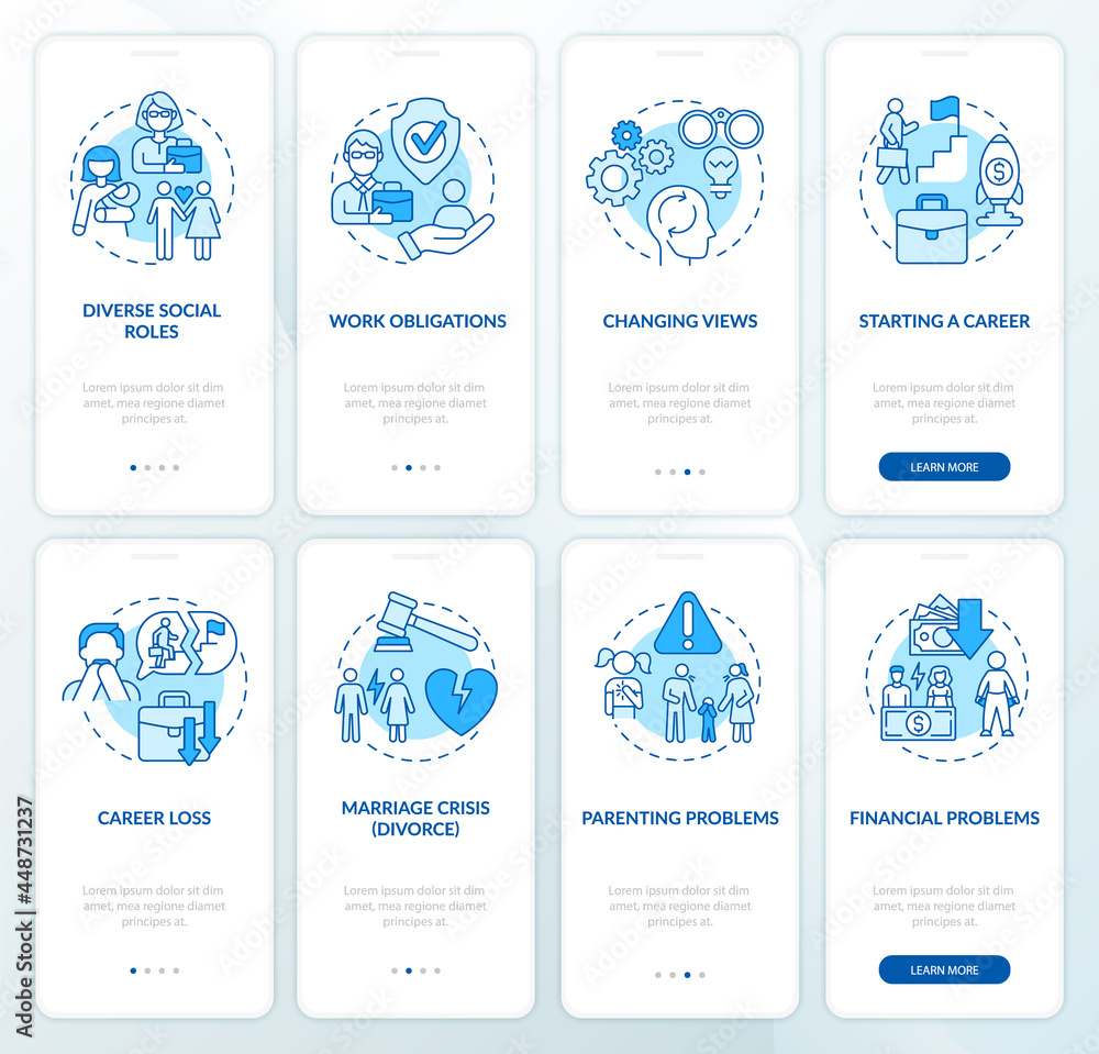 Adulthood development onboarding mobile app page screen set. Changing ...