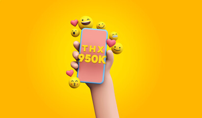 Wall Mural - Thanks 950k social media supporters. cartoon hand and smartphone. 3D Render.