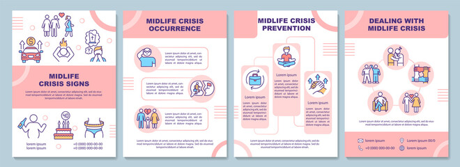 Midlife crisis signs brochure template. Occurrence and prevention. Flyer, booklet, leaflet print, cover design with linear icons. Vector layouts for presentation, annual reports, advertisement pages