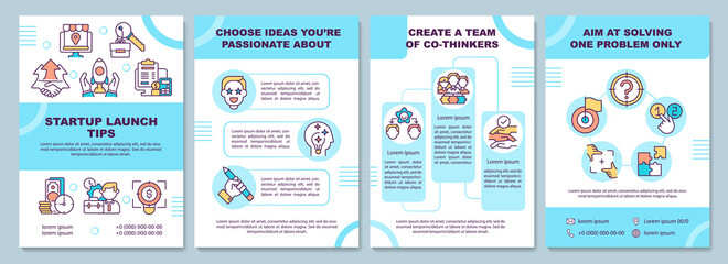 Startup launch tips brochure template. Create a team. Choose idea. Flyer, booklet, leaflet print, cover design with linear icons. Vector layouts for presentation, annual reports, advertisement pages
