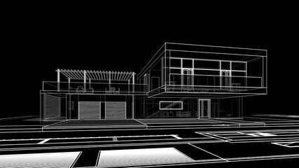 modern house architectural drawings on black background 3d rendering