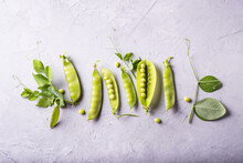 Pods Of Young Green Peas And Peas On A Gray Background, Top View