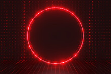 3D Rendering Dark Future Background. Black Circle With Red Light Glow And Dot Pattern Lighting. Showcase For Products Backdrop