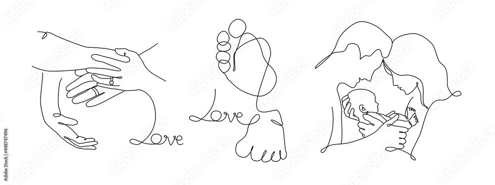 Vector one line art set of illustrations of a new born baby heels and mother, father and holding a new born baby. Lineart  family portret - obrazy, fototapety, plakaty 