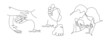 Vector one line art set of illustrations of a new born baby heels and mother, father and holding a new born baby. Lineart  family portret