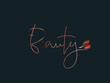 Beauty wordmark with lips shape.Cosmetics salon lettering logo isolated on dark background.Calligraphic handwritten text.Shiny metallic copper color.