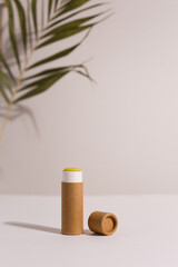 Zero Waste Lipstick packaging. Lip balm tube made of paper. Blank label mock up. Copy space for text