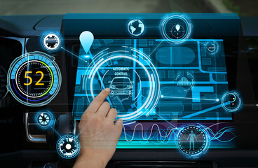 Wall Mural - Woman using navigation system while driving car, closeup