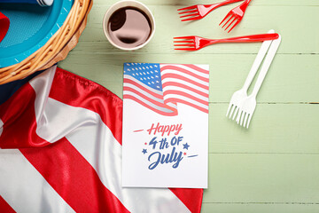 Wall Mural - Greeting card for Independence Day and American flag with picnic basket on table