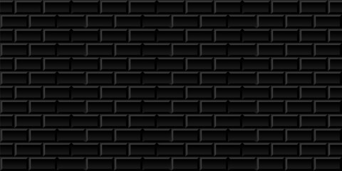 Black metro tiles seamless background. Subway brick horizontal pattern for kitchen, bathroom or outdoor architecture vector illustration. Glossy building interior design tiled material