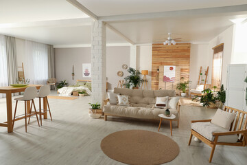 Wall Mural - Spacious apartment interior with stylish wooden furniture. Idea for design