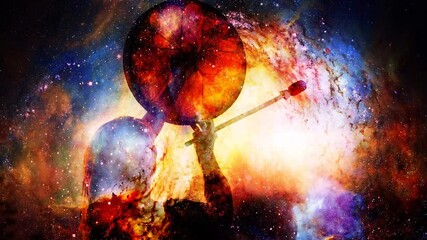 Fototapete - shamanic girl with frame drum on abstract structured space background.