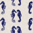 Seahorse linen pattern design. Indigo blue on ecru jute fabric effect. Nautical beach wedding coastal living farmhouse style. Seamless repeat sea love fabric cloth effect. High resolution swatch