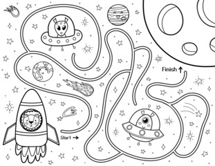 Canvas Print - Help a cute lion in a rocket find a way to the Moon. Black and white space maze for kids. Activity page with funny space character. Mini game and coloring page. Vector illustration