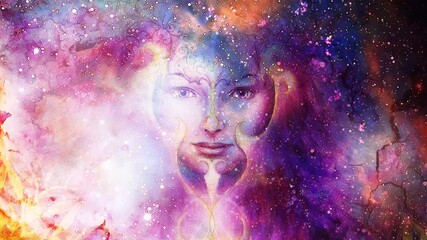 Aufkleber - Goddess Woman and ornametal mandala in Cosmic space. Cosmic Space background. eye contact.