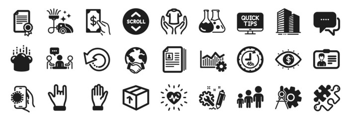 Set of Business icons, such as Receive money, Engineering, Web tutorials icons. Identification card, Puzzle, Chemistry lab signs. Covid app, Hand, Global business. Cv documents, Horns hand. Vector