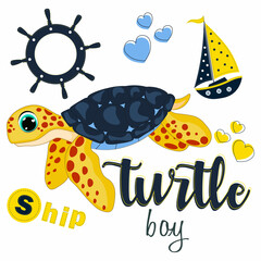 Wall Mural - Cute Cartoon beautiful baby turtle boy. Perfect for greeting cards, party invitations, posters, stickers, pin, scrapbooking, icons.