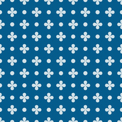 Poster - Blue color of background and seamless ornament. Circles and four petal shapes pattern. Vector.