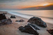 Sea Rocks Magnificent Sunrise View At Sunrise Romantic Atmosphere In Peaceful Morning At Sea