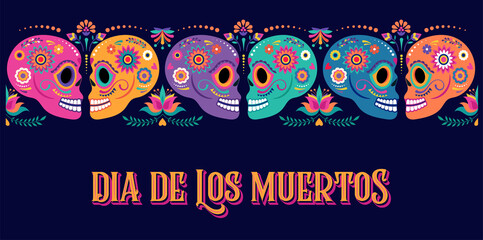 Day of the dead, Dia de los muertos, banner with colorful Mexican flowers. Fiesta, Halloween holiday poster, party flyer, funny greeting card