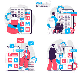 Poster - App development concept set. Developers write code, testing, create page layout. People isolated scenes in flat design. Vector illustration for blogging, website, mobile app, promotional materials.