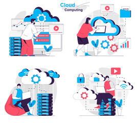 Poster - Cloud computing concept set. Computer engineers work at data center server room. People isolated scenes in flat design. Vector illustration for blogging, website, mobile app, promotional materials.