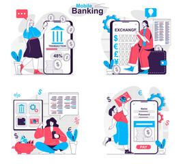 Poster - Mobile banking concept set. Online services for exchange, transaction, accounting. People isolated scenes in flat design. Vector illustration for blogging, website, mobile app, promotional materials.