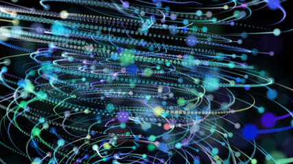 Wall Mural - irregular circular flight of colored balls leaving a trail in endless space. 4k. space, flight. isol