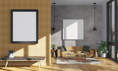 Wall Mural - Contemporary living space with large windows and empty frames for mockup