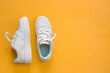 A pair of shoes isolated on yellow background. Top view. Flat lay.