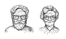 Portrait Of An Old Woman And Old Man, Pensioner. Grandma. Grandfather. Hand Drawn Vector Sketch Illustration