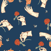 Vintage Vector Floral Seamless Pattern With Woman Hand. Rose Botanical Flowers Texture