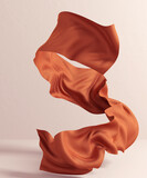 Fototapeta  - Flying fabric design element in empty room, floating piece of cloth cinnamon color. 3d rendering sienna smooth spiral flowing scarf fashion banner