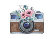 Watercolor illustration with a camera and beautiful pink flowers and eucalyptus. Watercolor drawing Camera logo Watercolor photo camera Travel object Retro painting. Eucalyptus design Card art