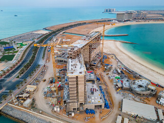 Construction and development at Marjan Island in Ras al Khaimah emirate in the UAE aerial view