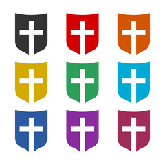 Sticker - Christian cross and shield color icon set