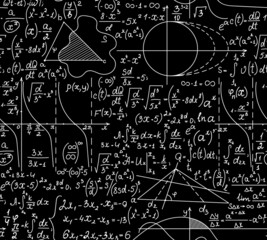 Wall Mural - mathematical vector seamless pattern with handwritten formulas, calculations, equations, chalk on gr