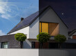 © MAXSHOT_PL - Solar panels on the roof. Beautiful modern house day and night. Ecology idea - solar energy at home