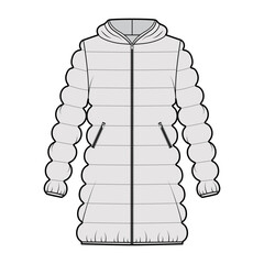 Hooded jacket Down puffer coat technical fashion illustration with zip-up closure, oversized, thigh length, classic quilting. Flat template front, grey color style. Women, men, unisex top CAD mockup